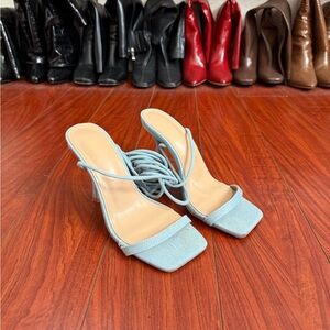 Light Blue Lace-Up Square Toe Heeled Sandals - Women